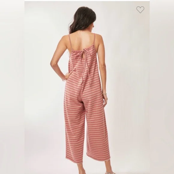 Striped Pink Overalls with Heart Design. Striped French Terry Heart Jumpsuit - Picture 4 of 6